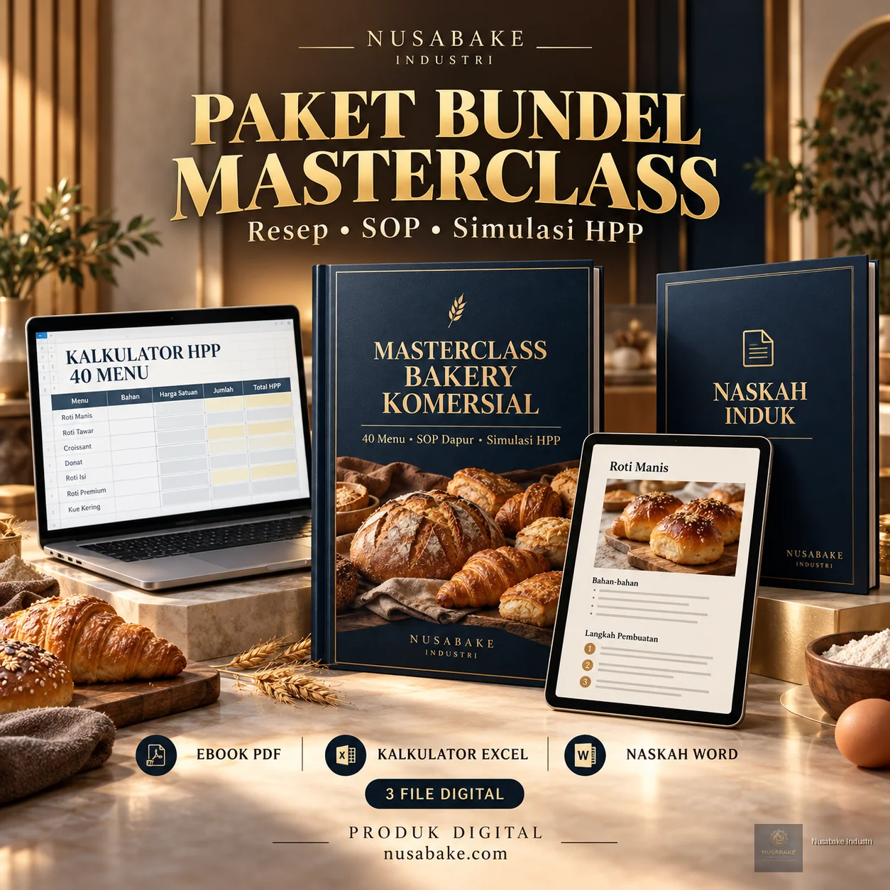 Sampul Paket Bundel Masterclass Bakery Komersial: 40 Resep, SOP Dapur & Kalkulator HPP